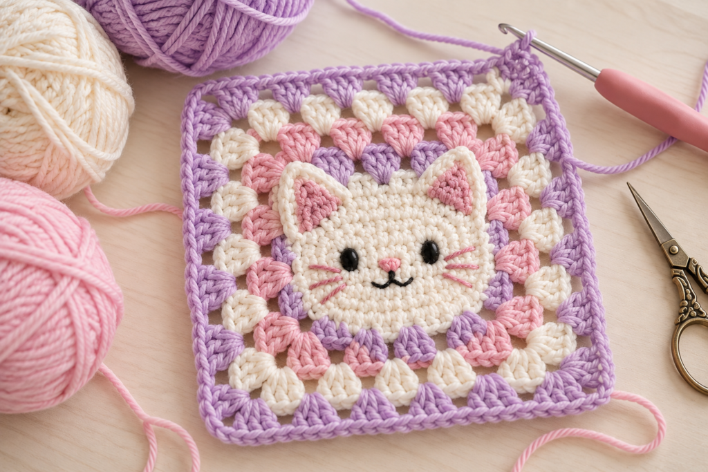Cat crochet granny square being worked with a crochet border