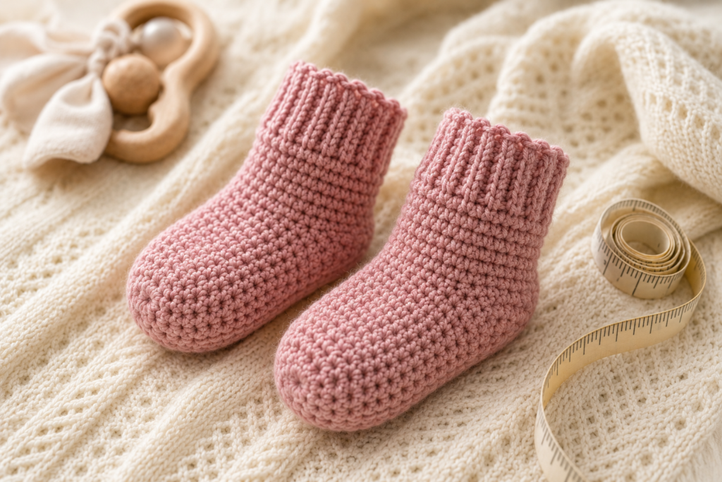 Finished pair of handmade crochet baby socks with rounded toes and ribbed cuffs