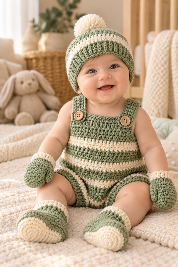 Baby wearing a handmade sage green crochet romper and matching accessories