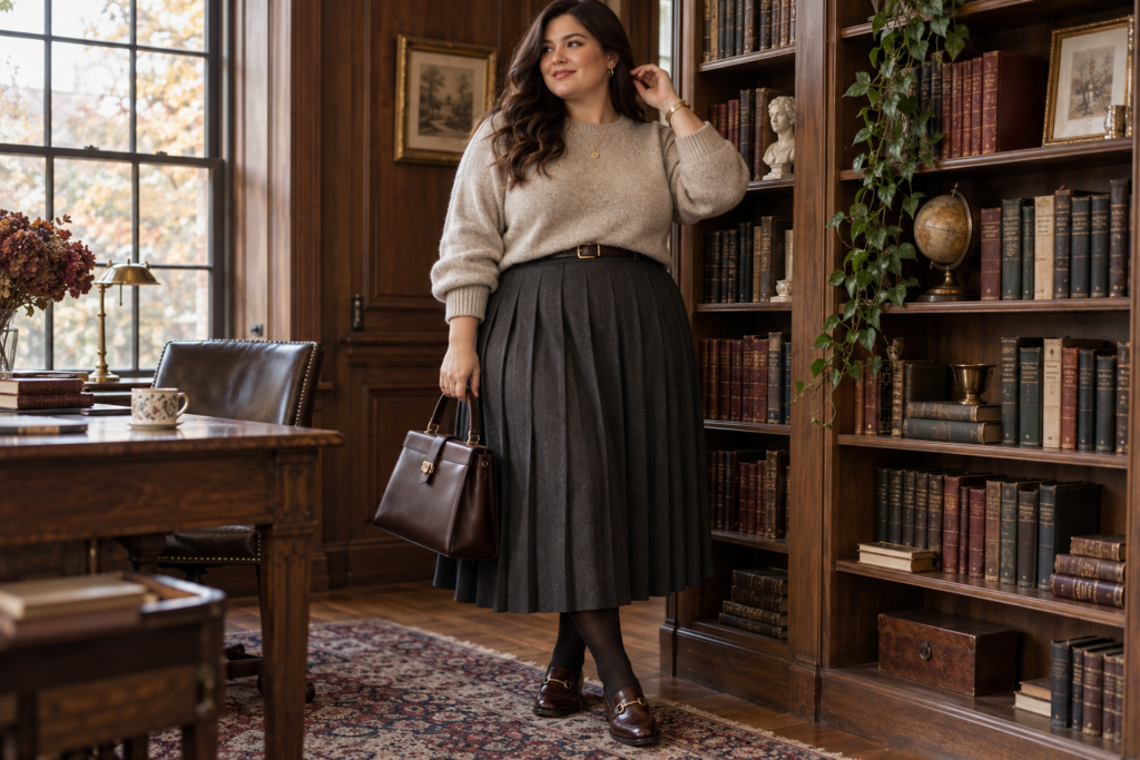 Plus size Dark Academia pleated midi skirt and sweater outfit