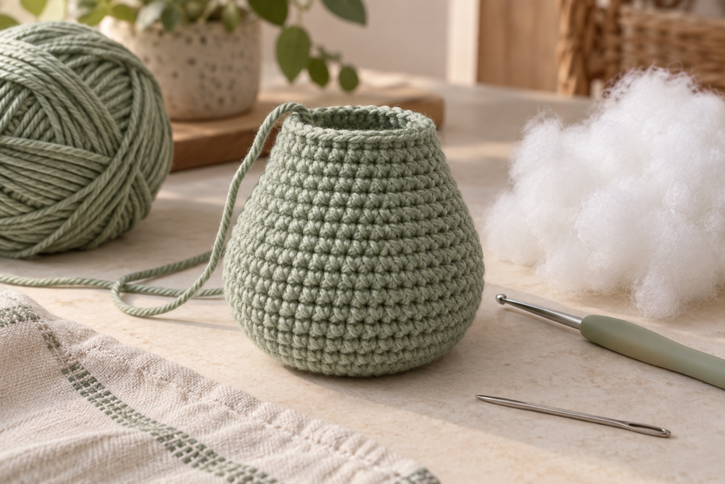 Crocheted gnome body made with sage green yarn