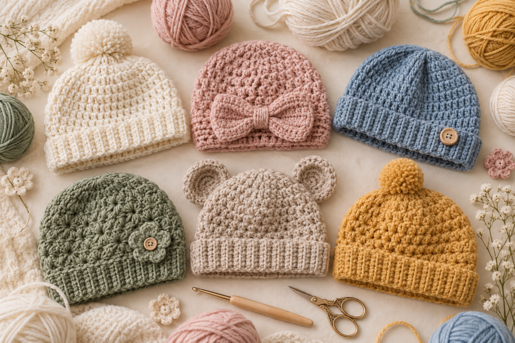 Six crochet baby hats in soft neutral and pastel yarn colors