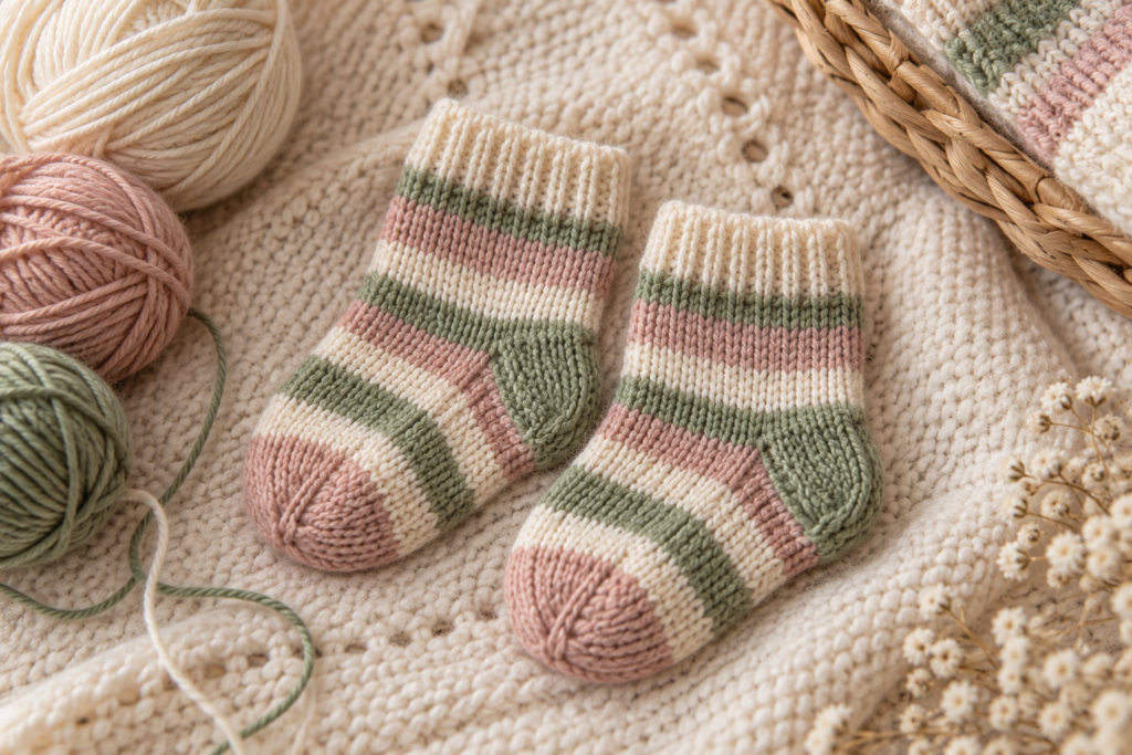 Hand knitted baby socks with soft pastel stripes