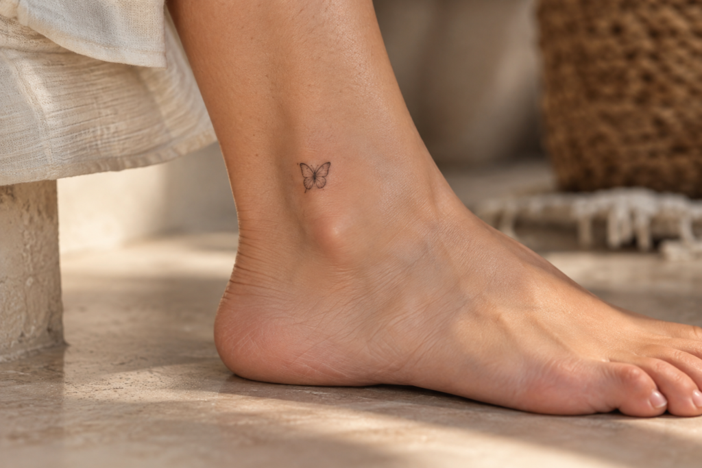 Tiny minimalist butterfly tattoo on a woman's ankle