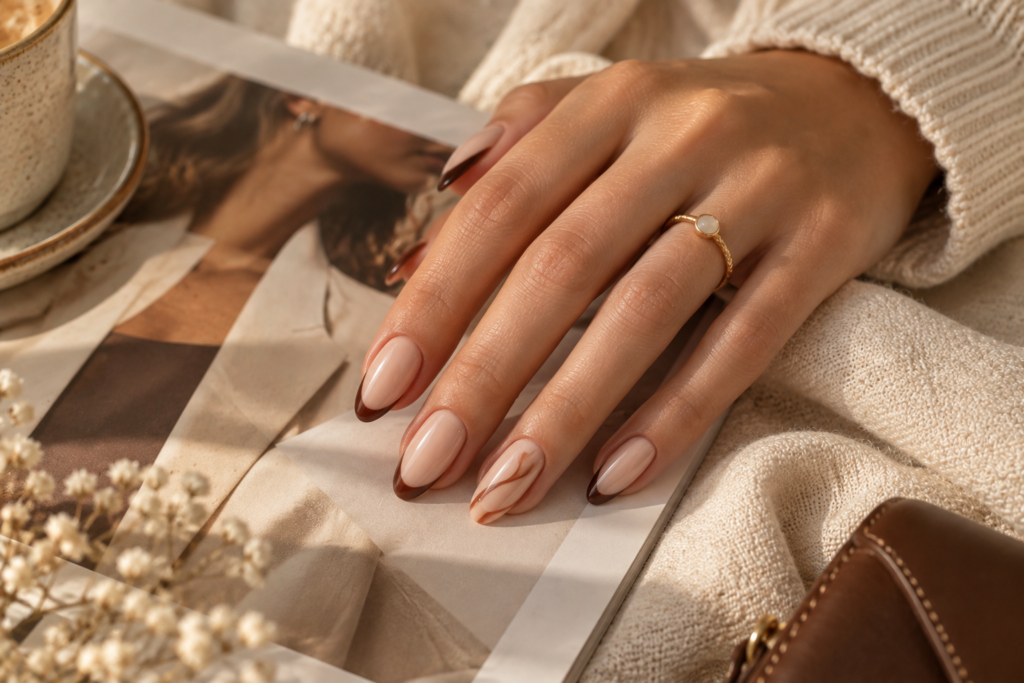 Neutral French tip nails with a warm early fall color palette