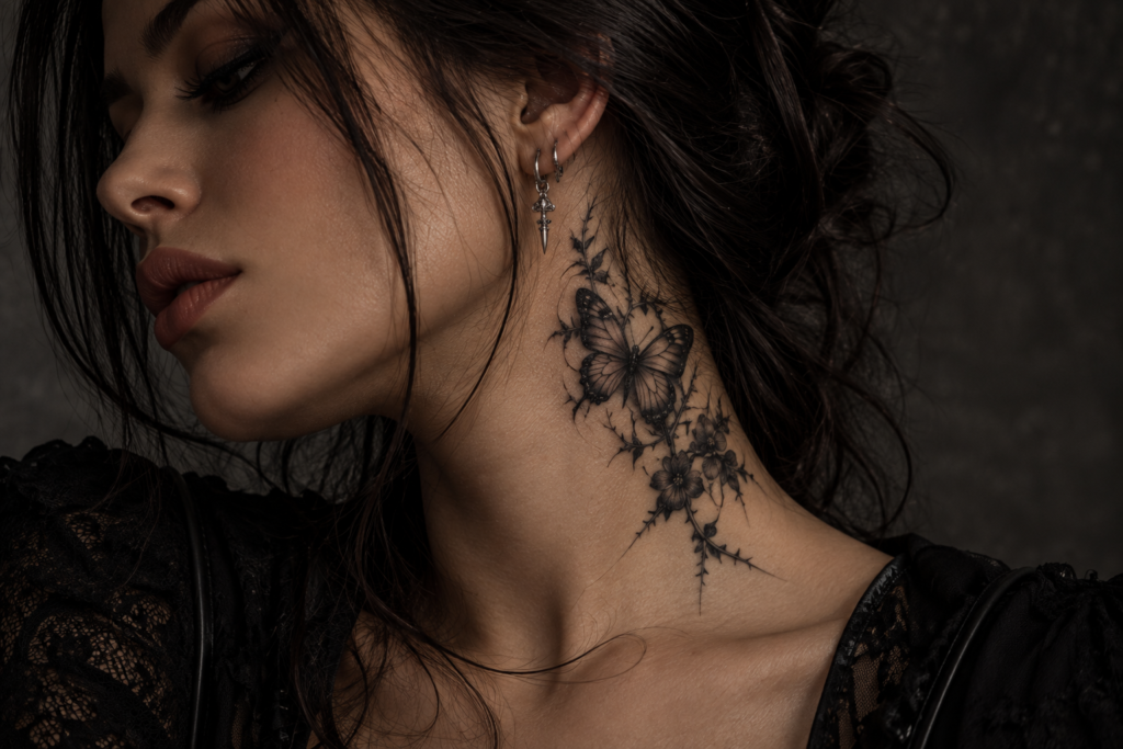 Gothic butterfly neck tattoo with dark floral details