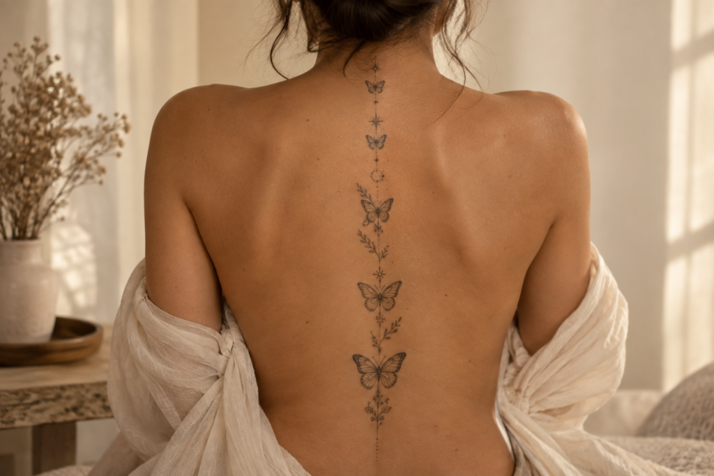 Delicate butterfly tattoo arranged vertically along the spine