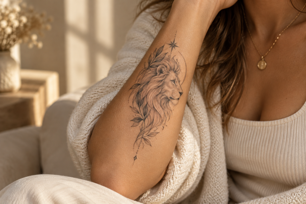 Fine-line lion tattoo inspired by the Leo zodiac sign