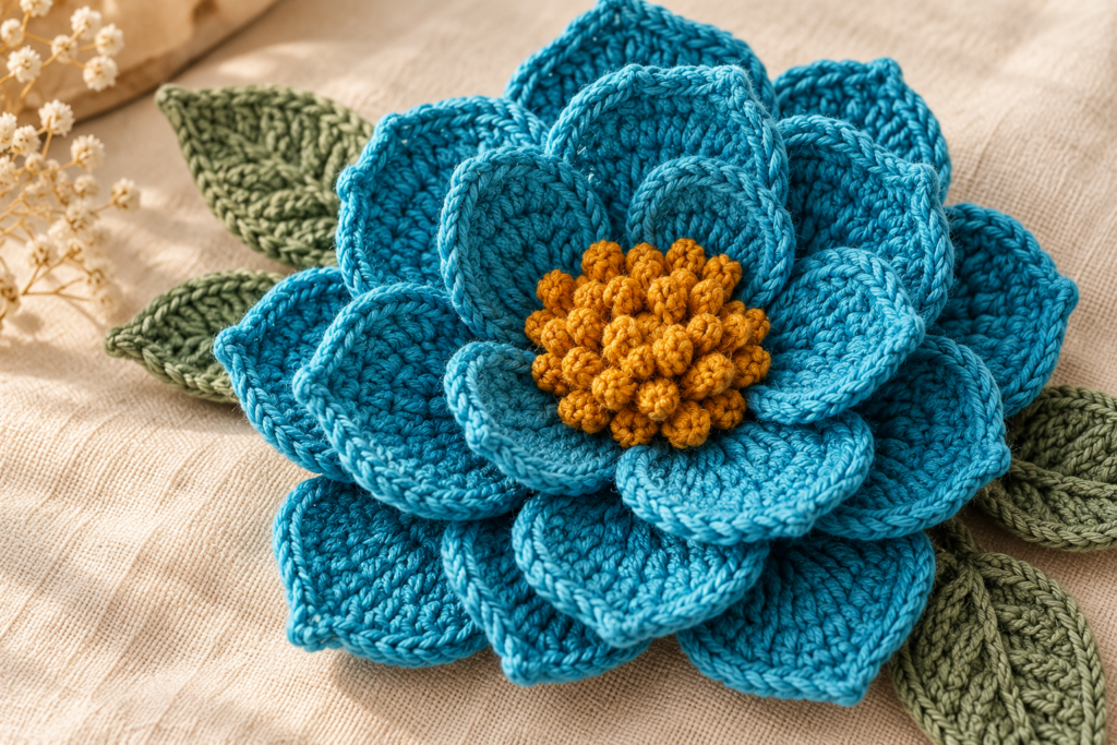Close-up of a layered turquoise crochet flower with a golden center