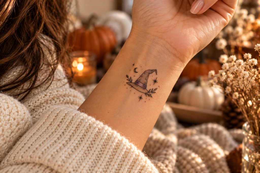 Small minimalist witch hat Halloween tattoo