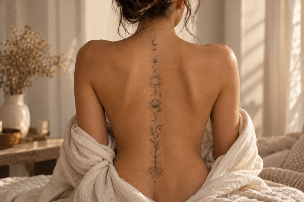 Meaningful feminine spine tattoo combining celestial and botanical symbols