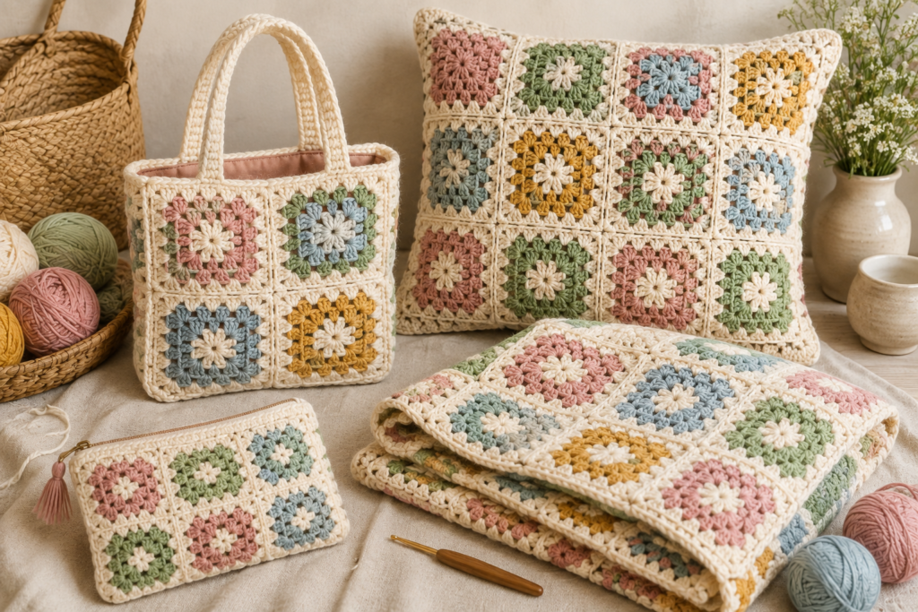 Crochet projects made with granny squares including a bag, cushion and blanket