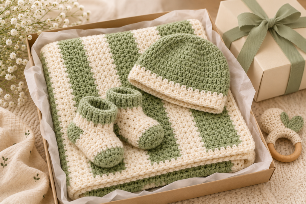 Handmade crochet baby blanket and matching beanie arranged as a baby shower gift