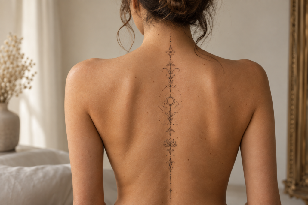 Elegant ornamental fine-line tattoo centered along the spine