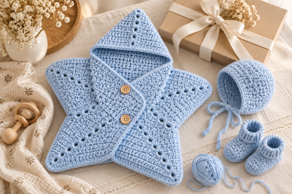 Baby blue crochet star wrap styled with handmade baby gifts