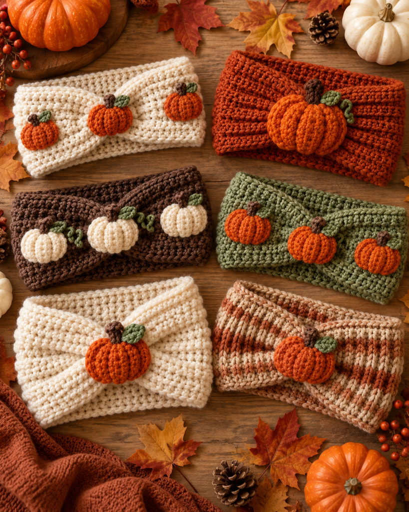 Six crochet fall headband ideas with pumpkins in different colors and styles.