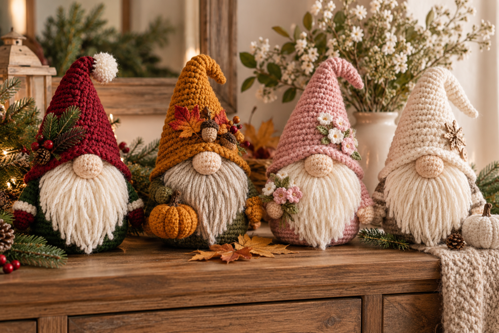 Seasonal crochet gnomes for Christmas fall spring and home decor