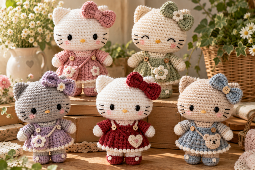 Five crochet kitty amigurumi color and outfit variations