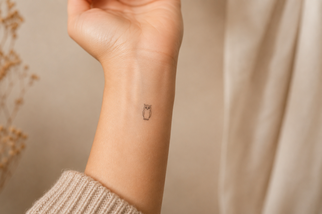 Small minimalist owl tattoo idea for women