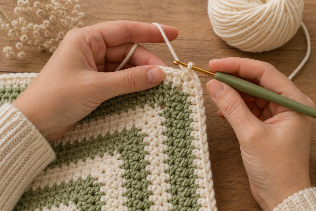 Adding a simple crochet border around a striped baby blanket