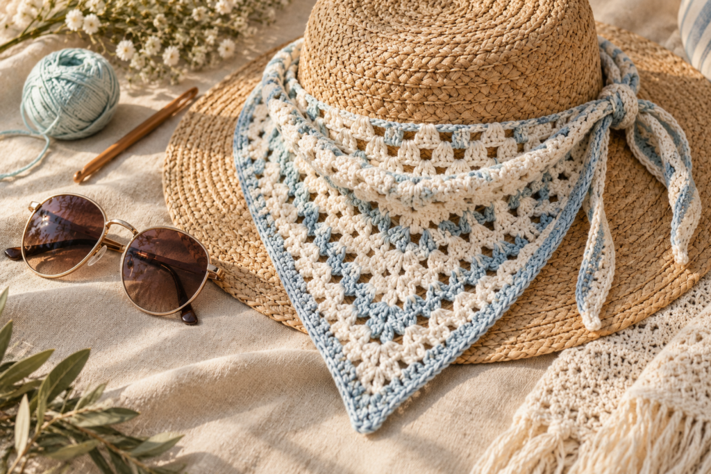 Lightweight crochet bandana styled with a straw hat for summer