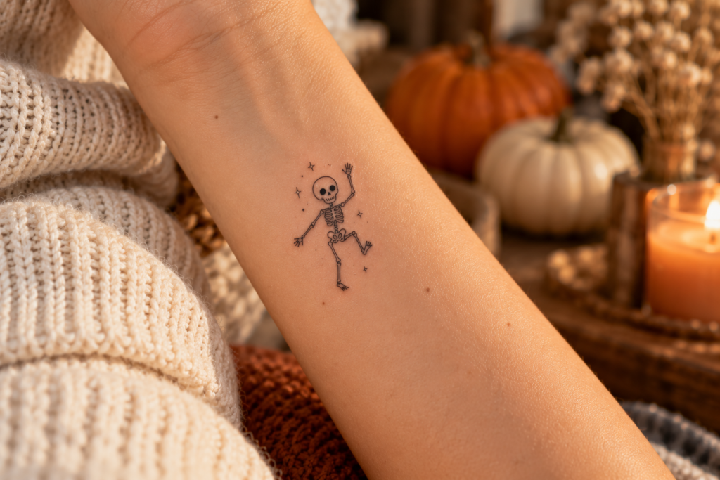 Small cute skeleton Halloween tattoo on the forearm