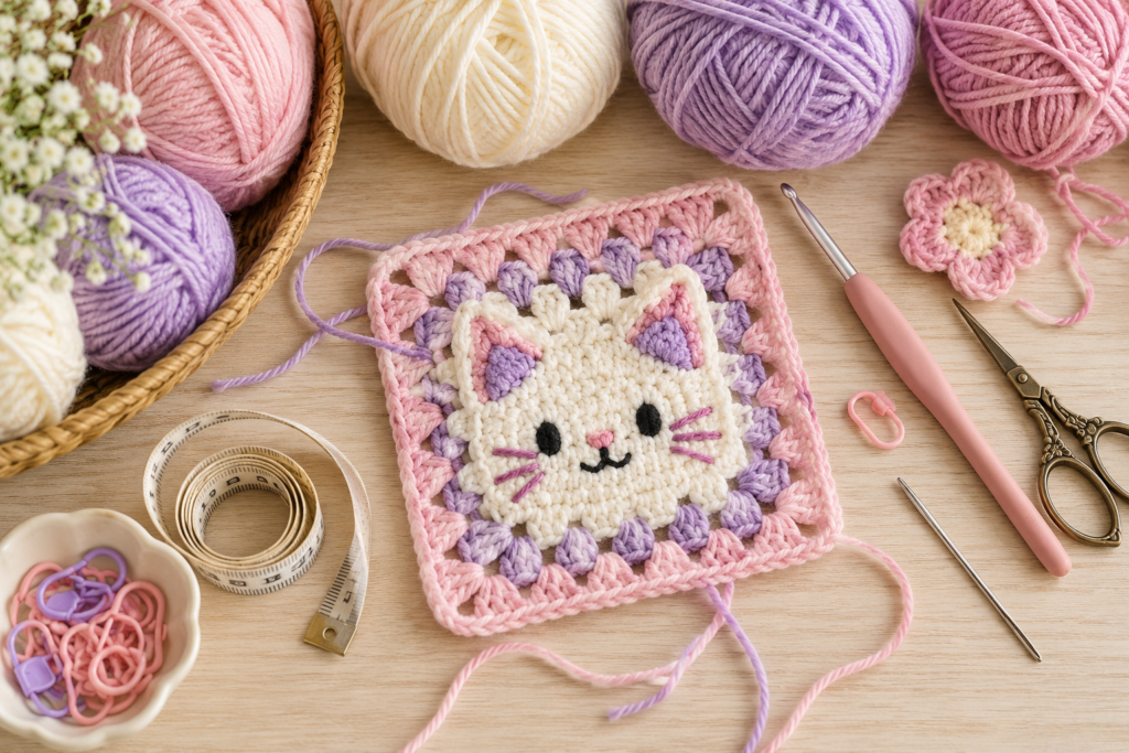 Yarn, crochet hook and tools for making a cat crochet granny square