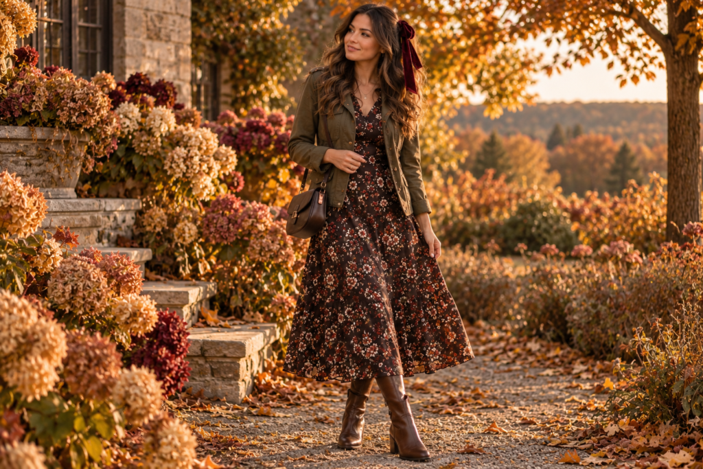 Floral fall dress with olive jacket and burgundy velvet ribbon