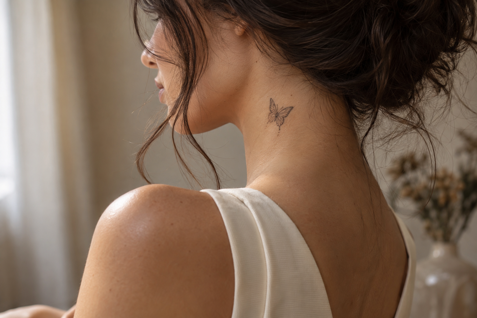 Woman with a delicate fine-line butterfly tattoo on the side of her neck
