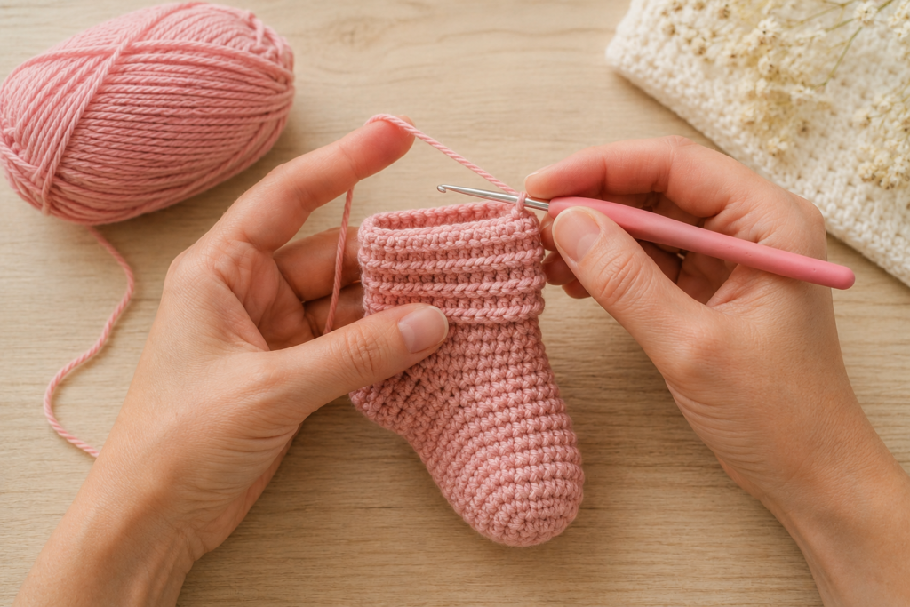 Ribbed crochet cuff being added to a handmade baby sock