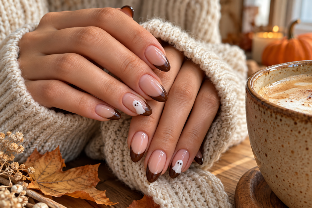 Classic chocolate brown French tip nails with tiny white ghosts
