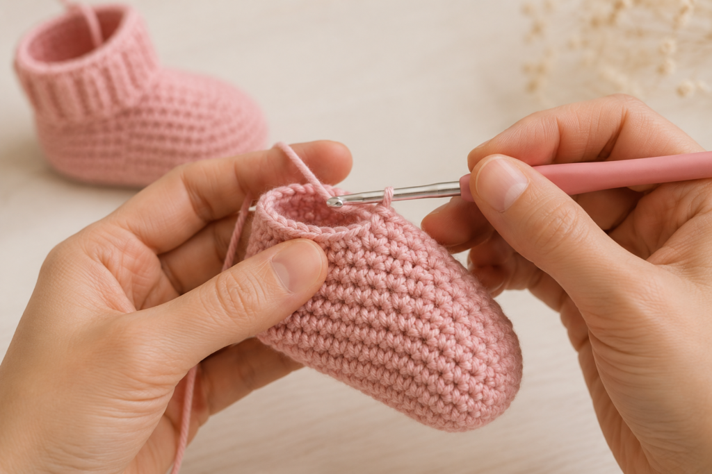Shaping the rounded toe of a handmade crochet baby sock