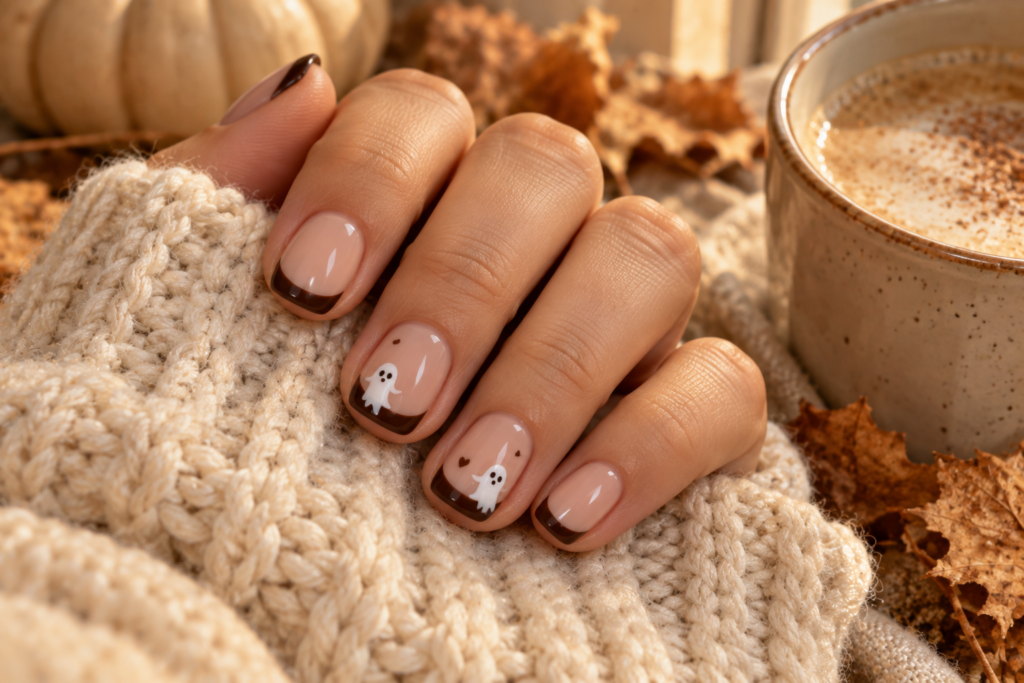 Short brown French tip nails with tiny ghost Halloween accents