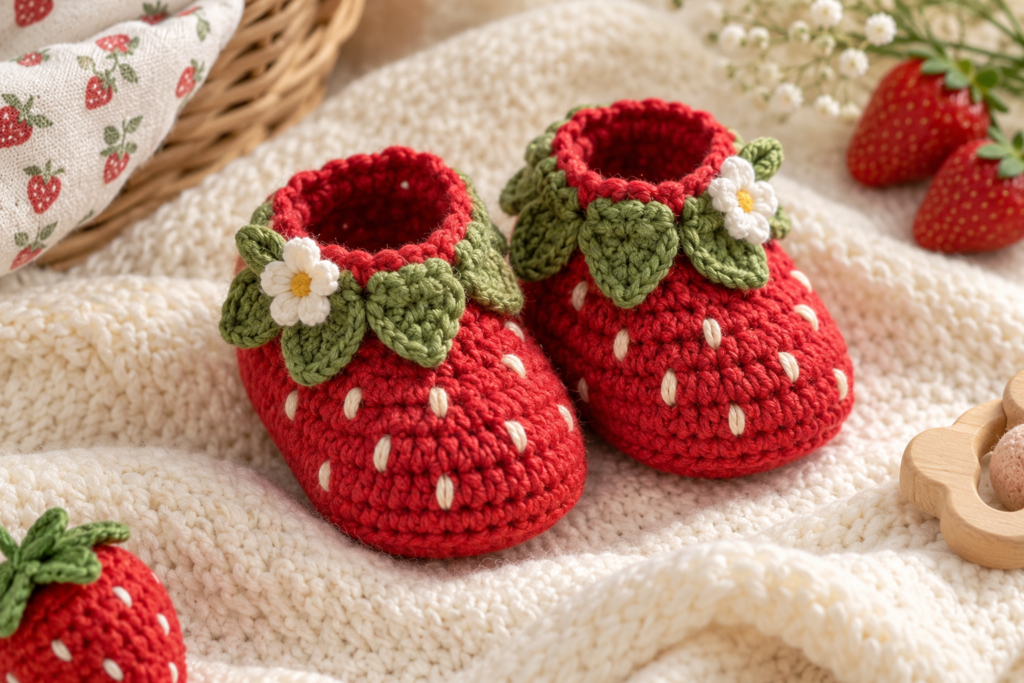 Red crochet strawberry baby romper with green leaf details