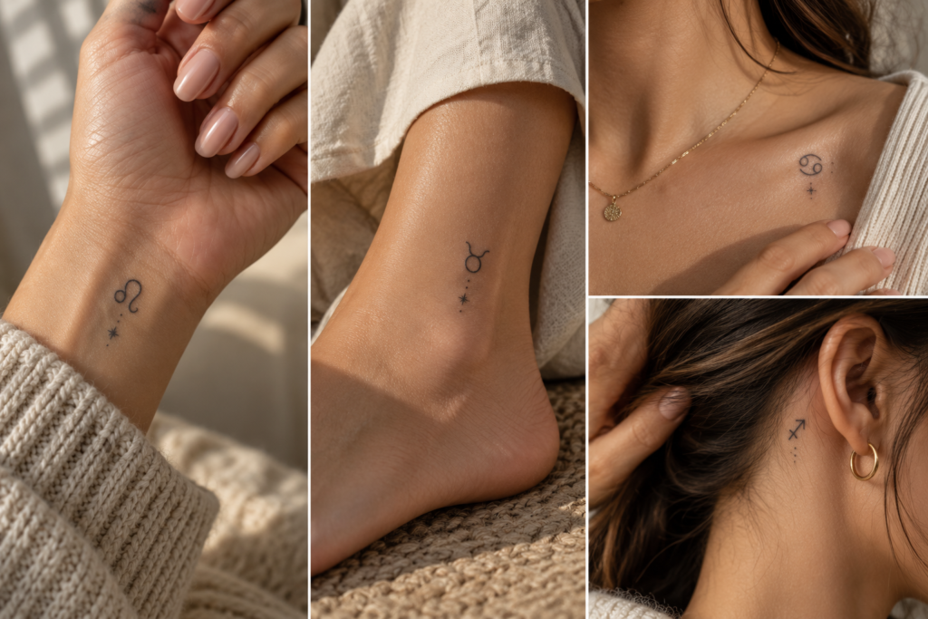 Tiny zodiac tattoo placement ideas for the wrist, ankle, collarbone and behind the ear