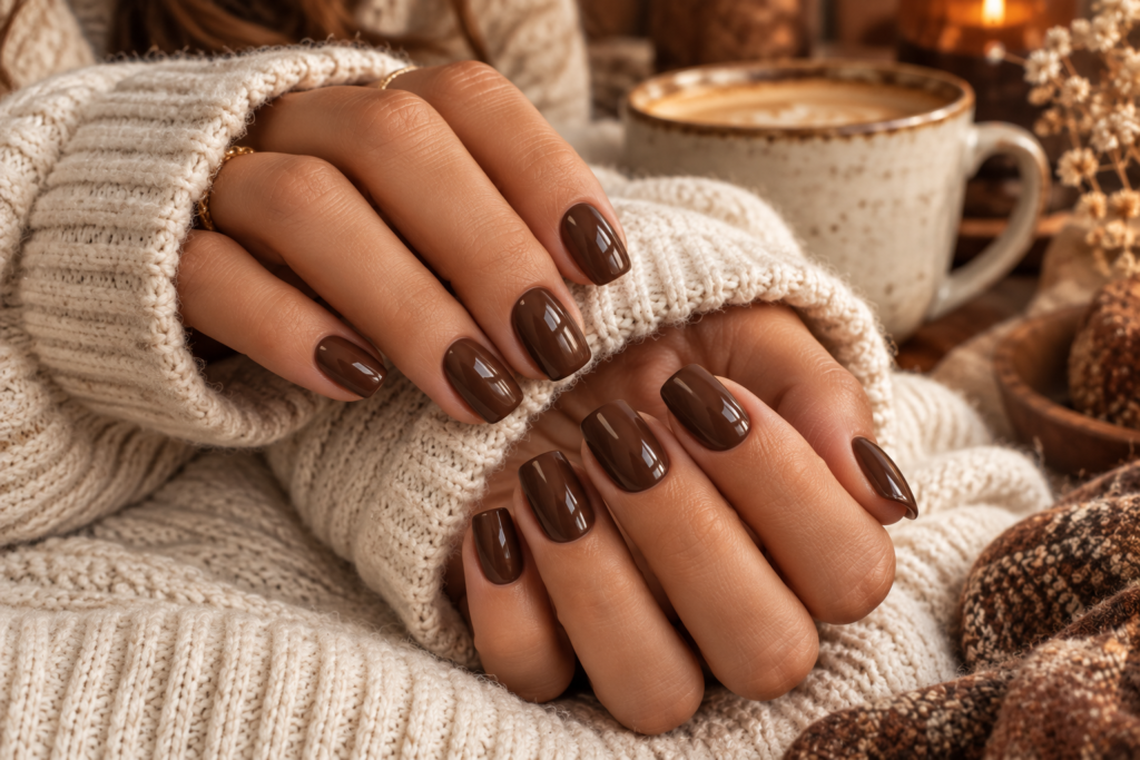 Glossy chocolate brown nails for early fall