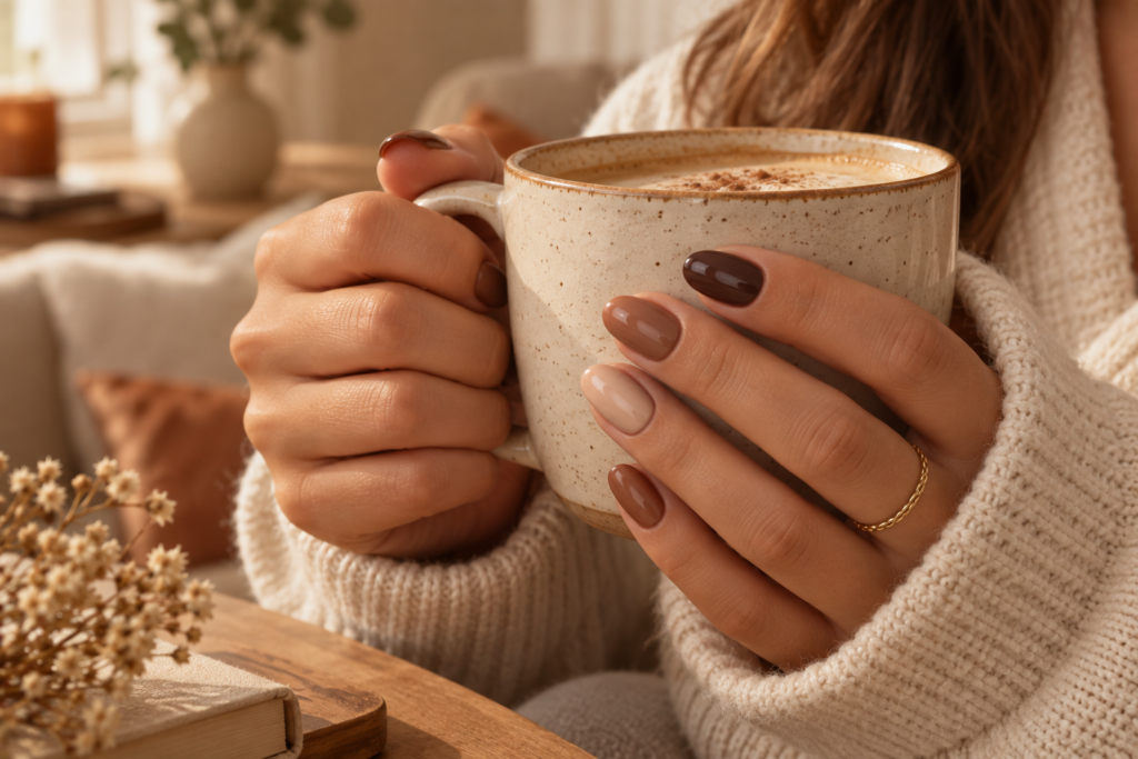 Mocha latte inspired nails in cream, caramel and chocolate shades