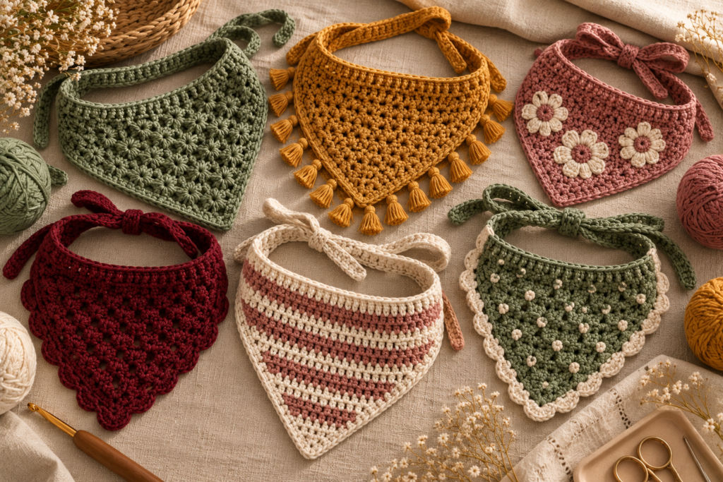 Collection of handmade crochet dog bandanas in different colors and styles