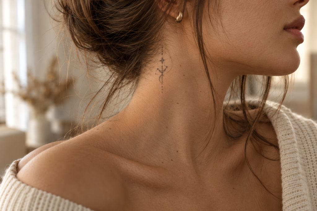 Minimalist symbolic tattoo on the side of the neck