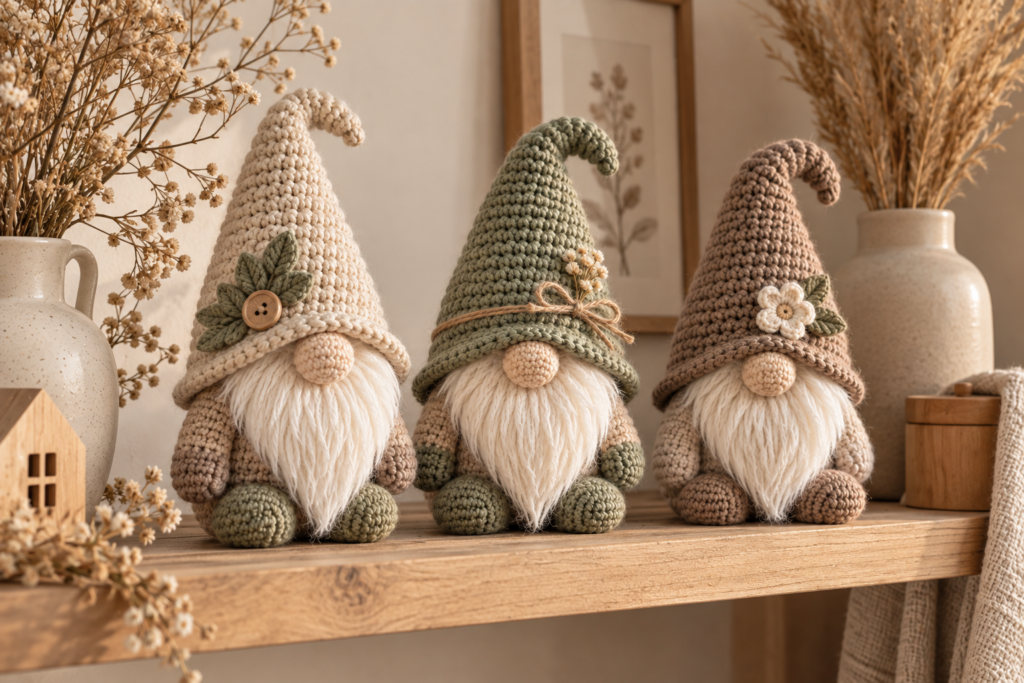 Neutral crochet gnomes styled as Scandinavian home decor