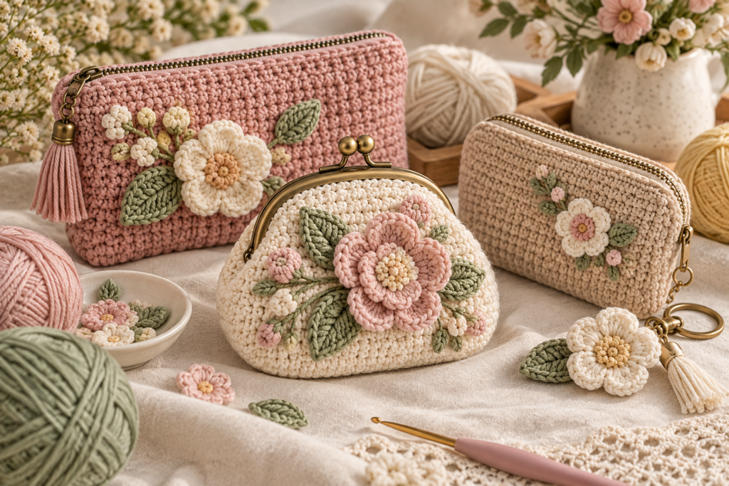 Floral crochet coin purse and handmade crochet pouches