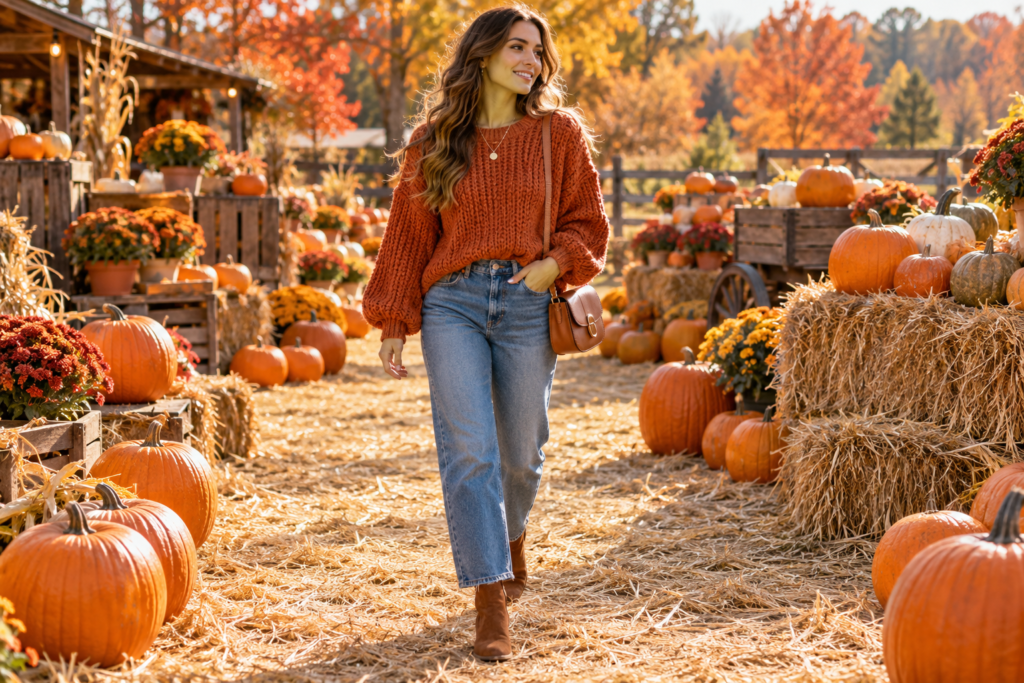 Cozy fall outfit for pumpkin patch photos