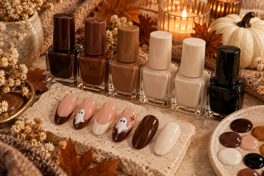 Chocolate brown, nude and cream nail colors for Halloween