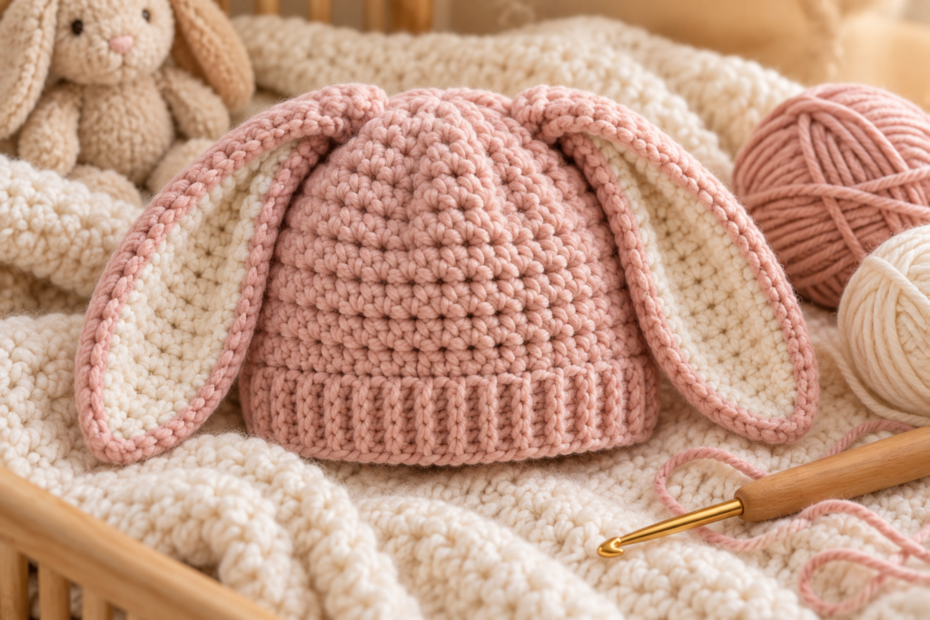 Dusty pink crochet baby bunny hat with long floppy ears