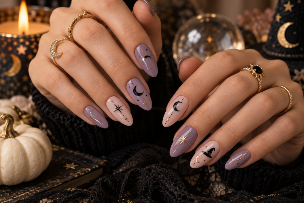 Lavender and blush pink Halloween nails with black stars, crescent moons and gold details