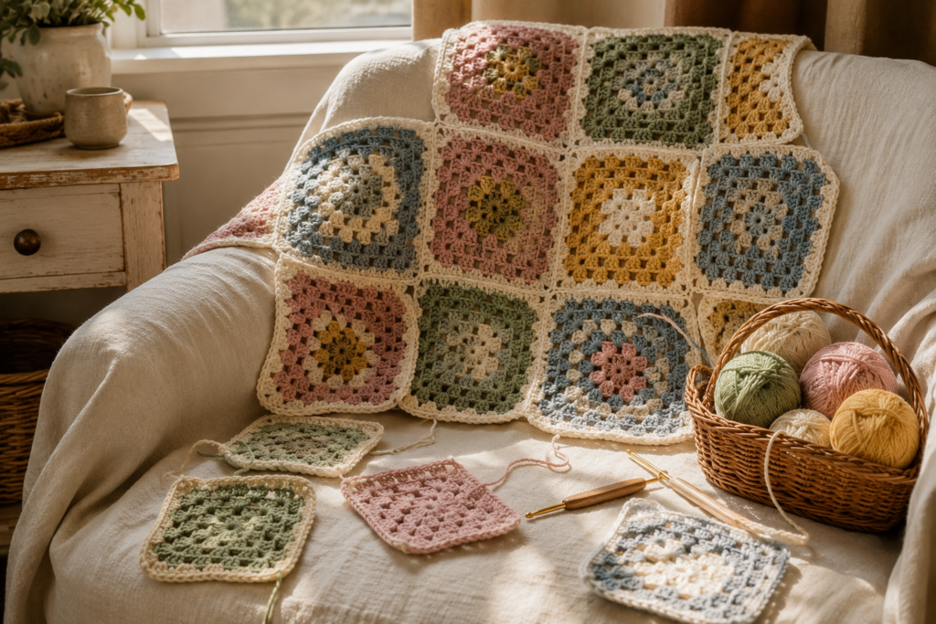 Colorful crochet granny squares arranged for a blanket