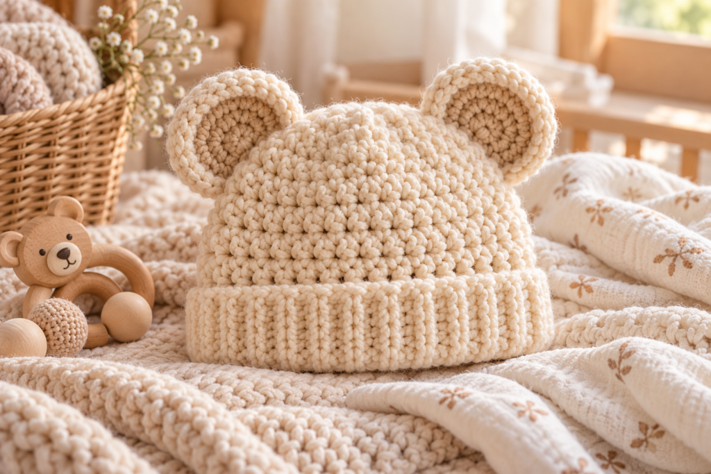Cream crochet baby bear hat with rounded handmade ears