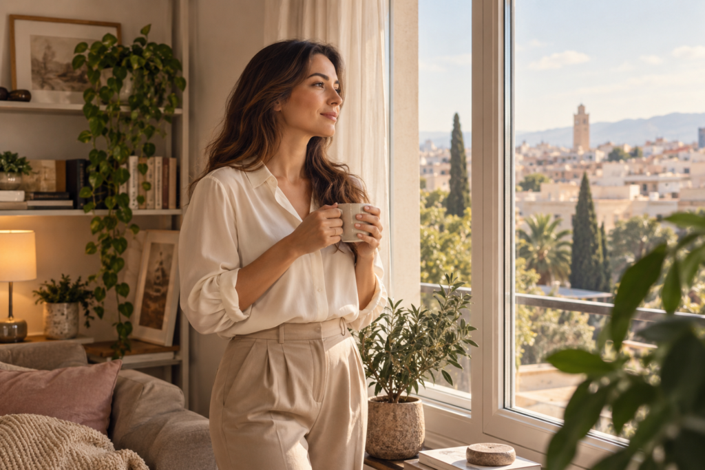 Woman reflecting on a new perspective and positive mindset