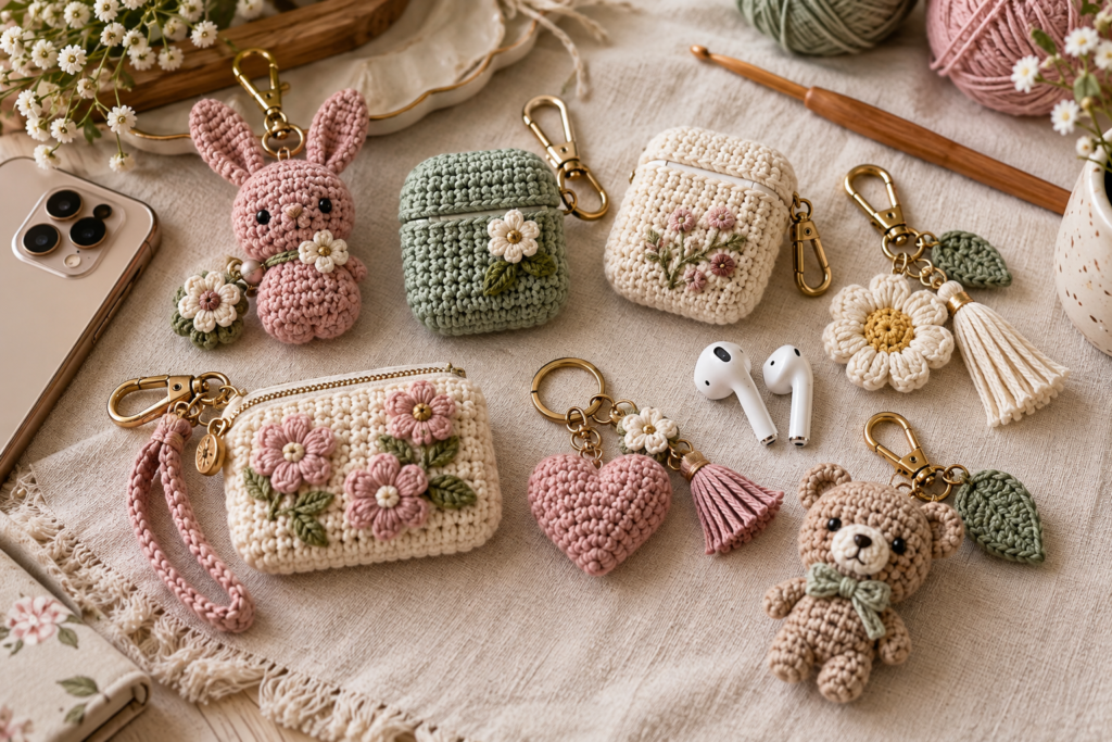 Tiny crochet keychains and earbuds cases for adults