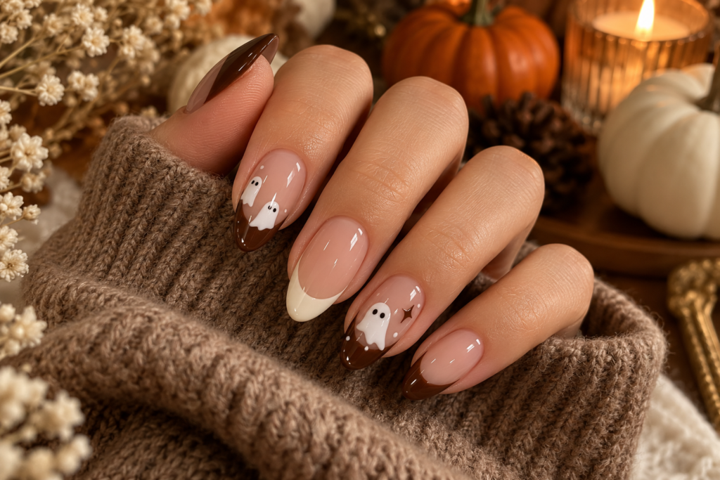Brown and white Halloween nails with ghost nail art
